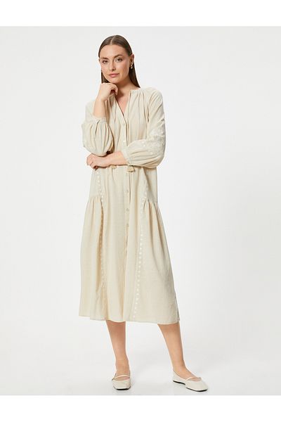 Koton Oversize μακρύ βαμβακερό φόρεμα - μακρύ μανίκι, δέσιμο γιακά, κεντημένη λεπτομέρεια