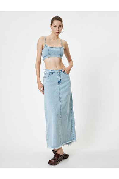 Koton Fusta lungă din denim cu nasturi în linie A - Picior cu ciucuri decupat în talie standard