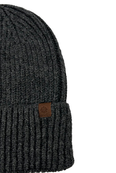 Sofist İstanbul Anthracite Unisex Beanie Antrasit Deri Etiket Detaylı Soft Yıkama Yünlü ve Katlamalı Örgü Bere