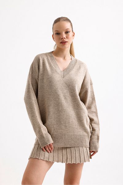 Sina Triko Beige Pleated Mini Skirt V-Neck Sweater Bottom Top Knitwear Set