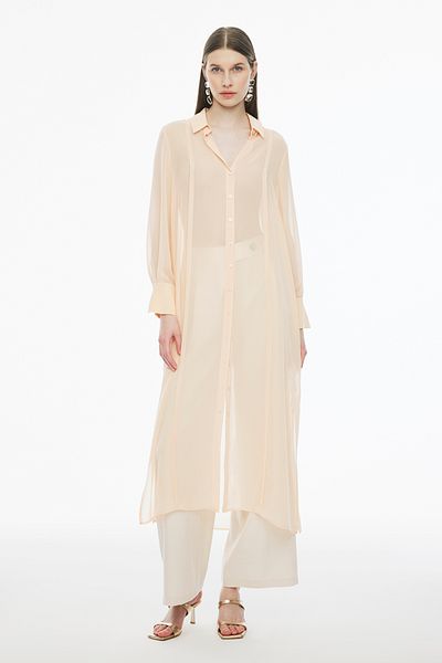 Perspective Blants Salmon Colored Long Tunic - Regular Fit, Fitted Sleeves and Shirt Collar