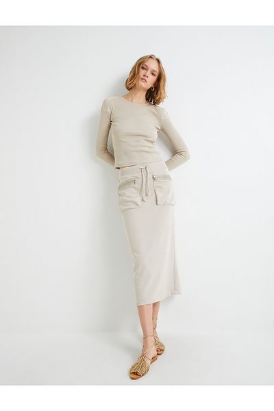 Koton Midi Skirt with Lace-up Waist and Zipper Pocket
