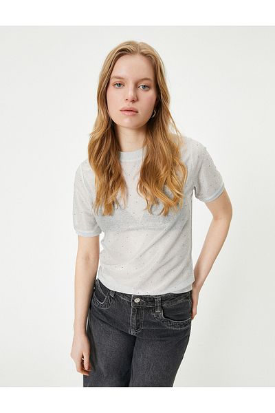 Koton Tricou cu sclipici metalic cu bijuterii strălucitoare cu gât