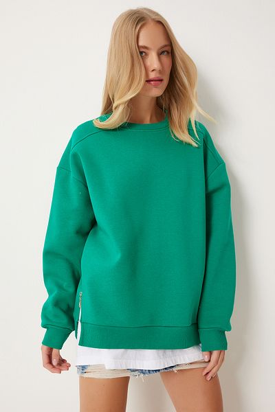 Lovelyİstanbul Dark Green Zippered Raised Sweatshirt - Lub0003