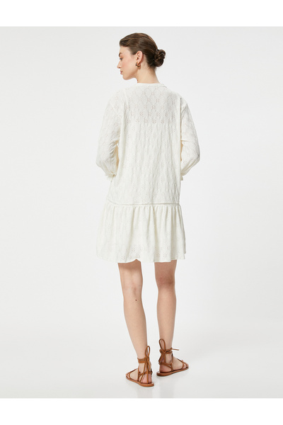Koton Long Sleeve and Tie-Up Collar Scalloped Dress