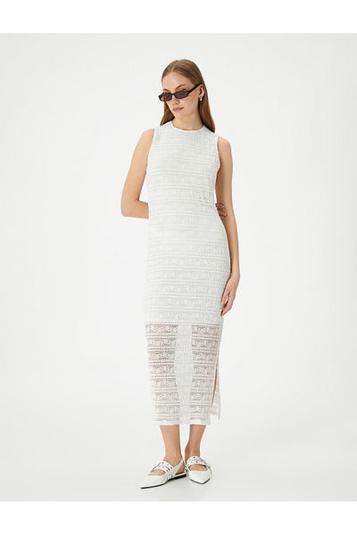 Koton Crew Neck Midi Sleeveless Slit Dress
