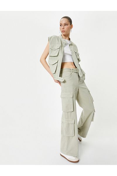 Koton Široké kalhoty Cargo s páskem Bavlna s vysokým pasem - Bianca Wide Leg Cargo Jeans