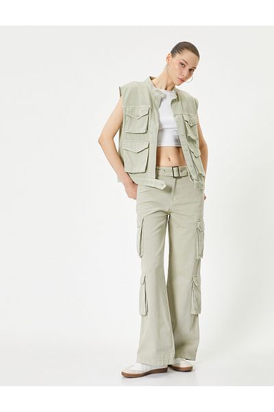 Koton Široké kalhoty Cargo s páskem Bavlna s vysokým pasem - Bianca Wide Leg Cargo Jeans