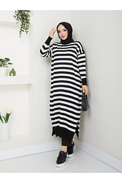 MODAMÜNASİP Υπέροχο ριγέ πλεκτό φόρεμα
