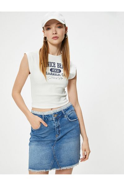 Koton Comfortable Cut Mini Denim Skirt - Double Waist and Button Detail