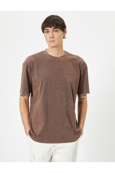 Koton Yıkamalı Tişört Slogan İşlemeli Bisiklet Yaka Kısa Kollu Pamuklu