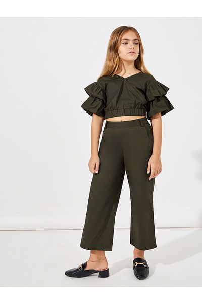 Styli Layered Sleeve Crop Top & Wide Leg Pants Set