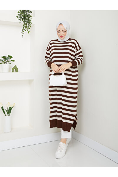MODAMÜNASİP Υπέροχο ριγέ πλεκτό φόρεμα