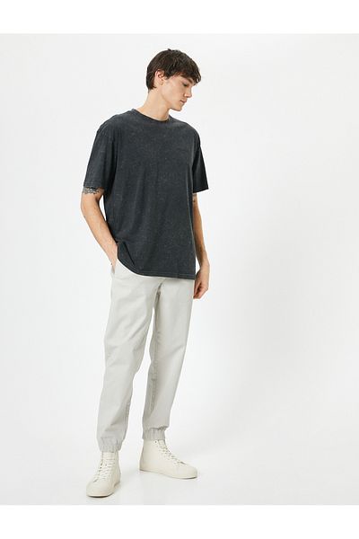 Koton Crew Neck Washed Cotton T-Shirt - Slogan Embroidered, Short Sleeve
