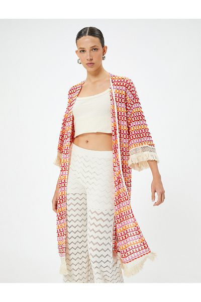 Koton Elbow Length Long Crochet Tasseled Kimono