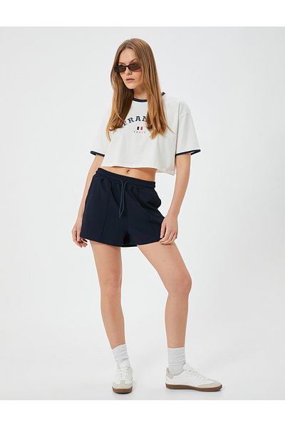 Koton Crepe Fabric - Ribbed Mini Shorts with Pockets and Waist Ties