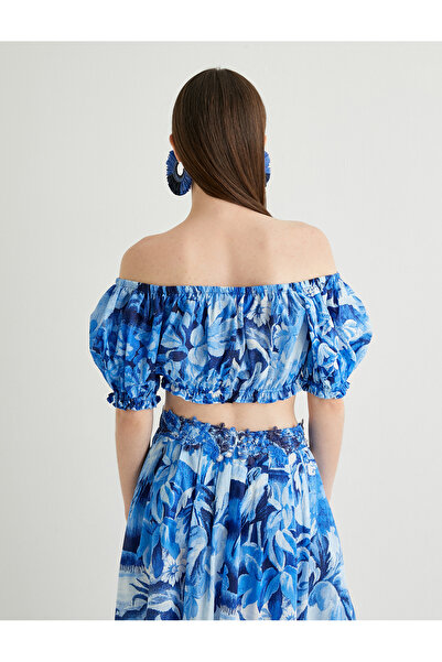 Koton Cotton Crop Top - Off the Shoulder, Balloon Sleeve, Floral and Tassel