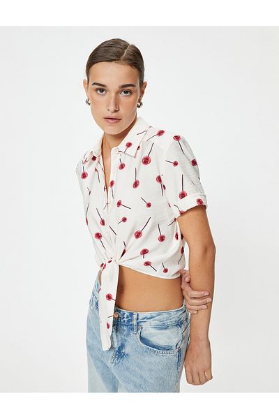 Koton Lollipop Printed - Short Sleeve Crop Shirt with Tie Detail