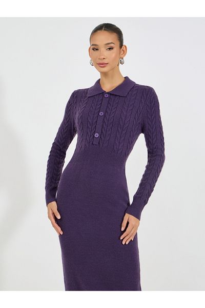 Styli Textured Cable Knit Collared Midi Dress