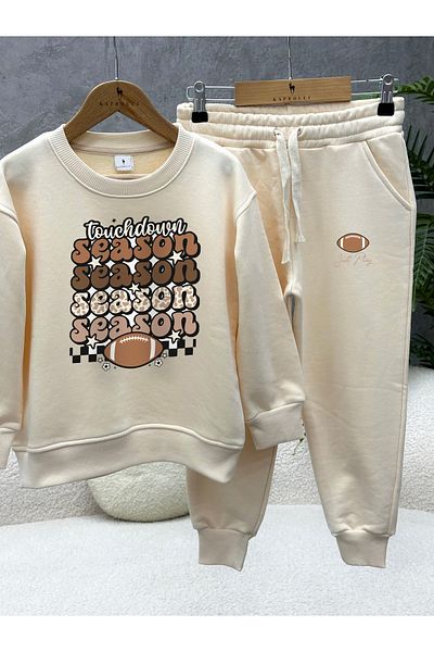 KAPROLLI 100% Cotton Children's Bottom Top Tracksuit Set 3 Thread Rasterless Crew Neck Nursery School Set