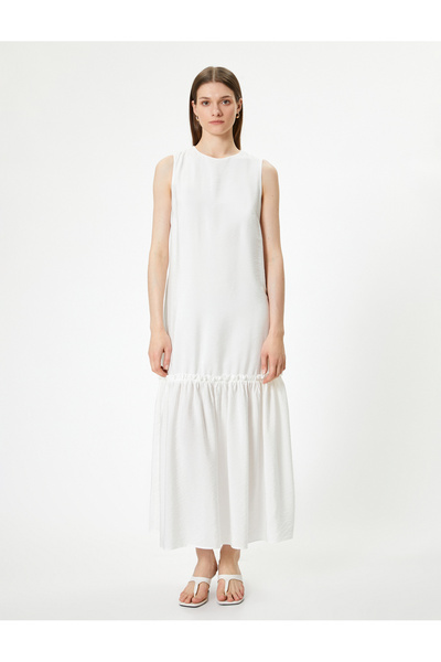 Koton Viscose Long Sleeveless Dress - Frilly Skirt, Lined, Crew Neck