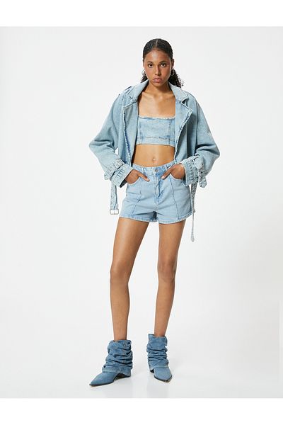 Koton Pantaloni scurti Relax Fit Mini din denim - Cu coaste și nasturi, talie obișnuită