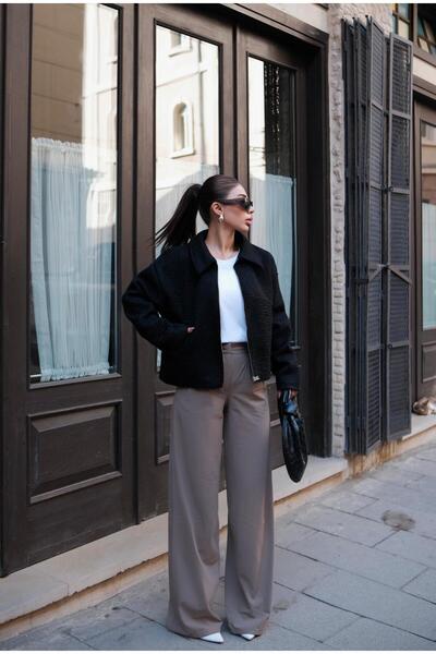 FMN Collection kadın fermuarlı oversize kesim trend cepli keçe görünümlü kaşe...