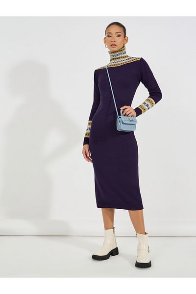 Styli Embroidered Pattern Knitted Sweater Midi Dress