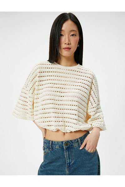 Koton Openwork Crochet Crew Neck Half Sleeve Elastic Waist Sweatshirt