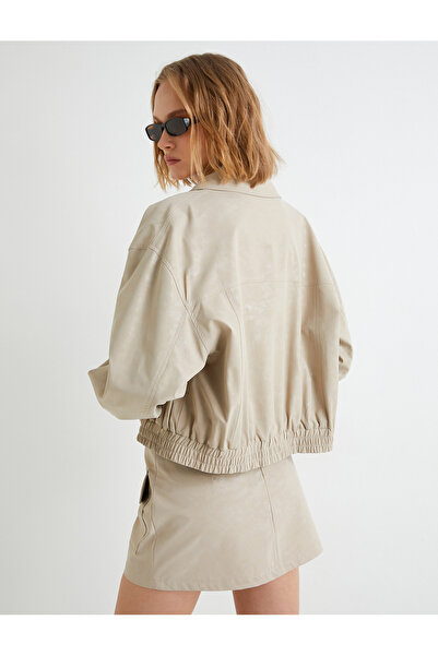 Koton Faux Leather Pocketed Bomber Jacket - Waist and Cuff Elastic