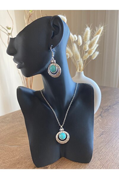 Store Retro Metal Working Blue Stone Vintage Necklace Earring Set