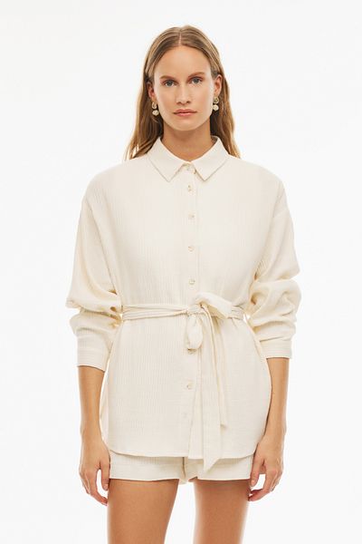 Perspective Eternal Beige Colored Comfortable Fit Tunic - Low Sleeve and Shirt Collar