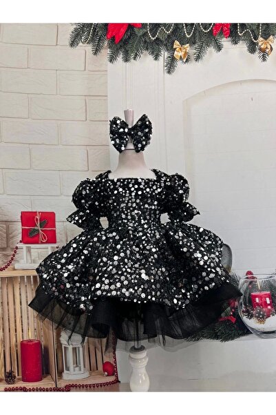 Nissa Siyah Payetli Kız Çocuk Elbisesi