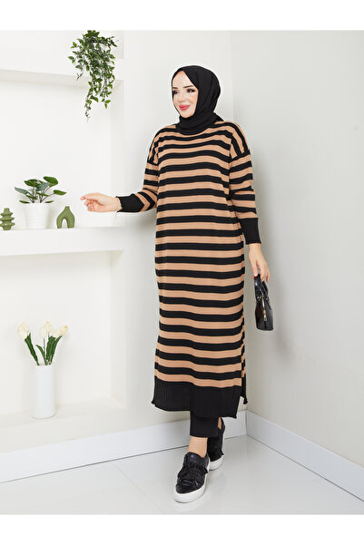 MODAMÜNASİP Υπέροχο ριγέ πλεκτό φόρεμα