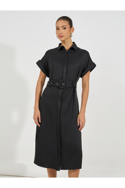 Styli Belted Shirt Midi Dress with Turn-Up Sleeves