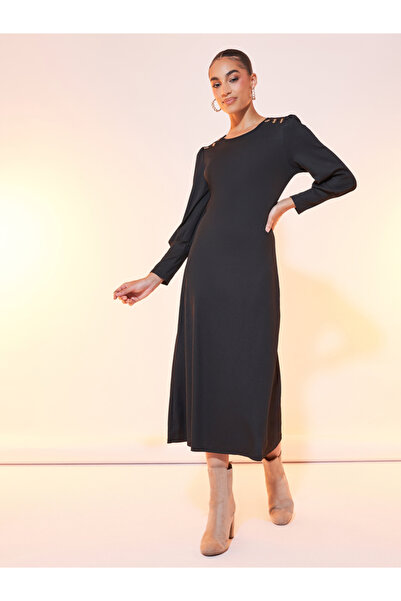 Take Two By Styli Solid Round Neck Button Detail Midi Dress