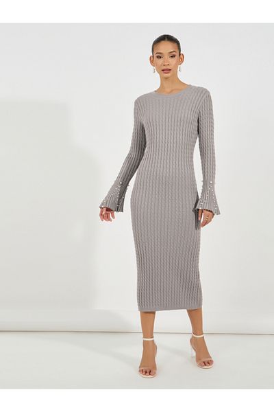 Styli Embellished Bell Sleeves Cable Knit Sweater Midi Dress