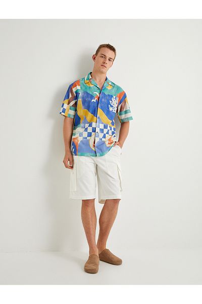 Koton Patterned Kurta Shirt - Short Sleeve, Buttoned, Collar Detail, Cotton Regular Fit