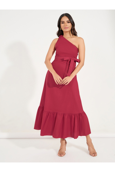 Styli Solid One Shoulder Maxi Dress with Waist Tie Detail