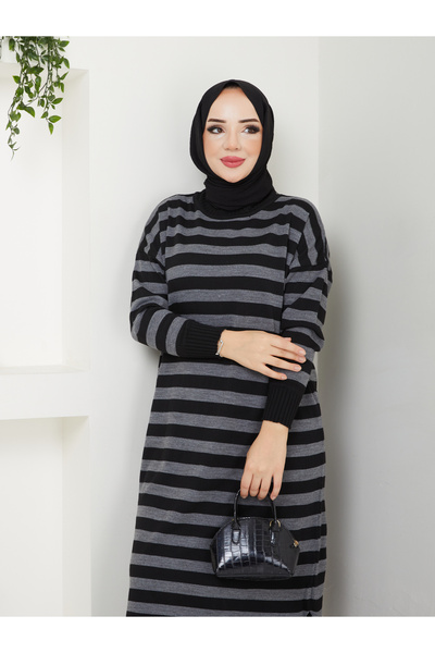 MODAMÜNASİP Υπέροχο ριγέ πλεκτό φόρεμα