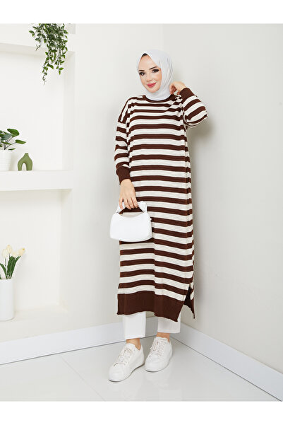 MODAMÜNASİP Υπέροχο ριγέ πλεκτό φόρεμα