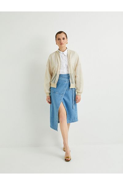 Koton Fustă asimetrică cu două piept din denim, cu centură și buzunare