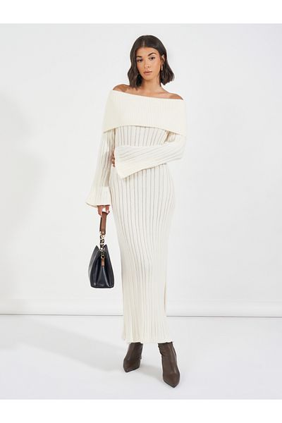 Styli Off Shoulder Neck Ribbed Knit Sweater Midi Dress