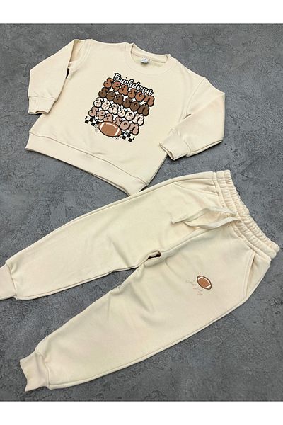 KAPROLLI 100% Cotton Children's Bottom Top Tracksuit Set 3 Thread Rasterless Crew Neck Nursery School Set