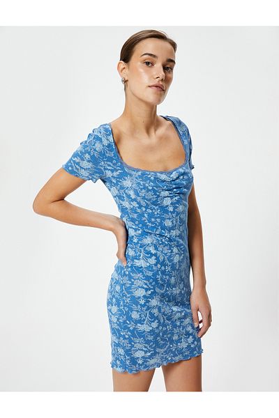 Koton Rochie mini creion florală cu mânecă scurtă din bumbac slim fit