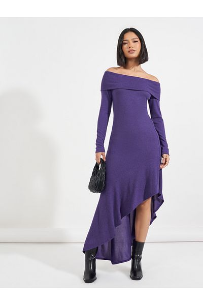 Styli Frill Asymmetric Hem Off Shoulder Sweater Maxi Dress