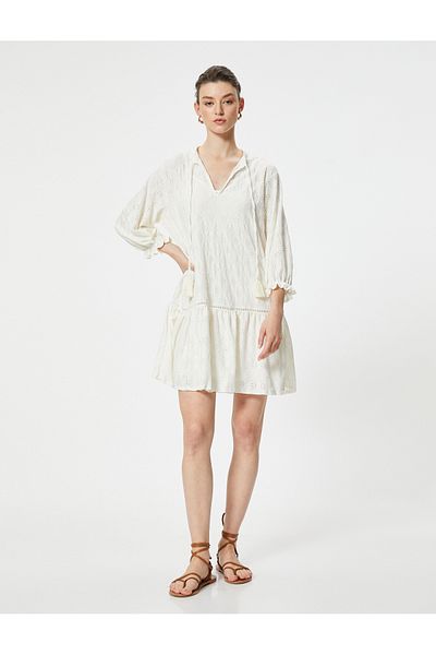 Koton Long Sleeve and Tie-Up Collar Scalloped Dress