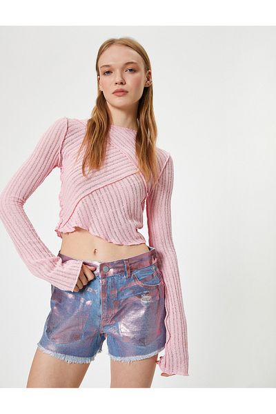 Koton Pantaloni scurți din denim extra mini slim cu imprimeu metalic - picior cu ciucuri