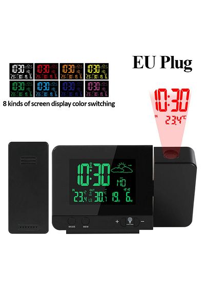 TELEHILL Eu Plug Indoor Weather Stations 8 Colors Screen Projector Digital Alarm Clock Desk Table Led Clock W