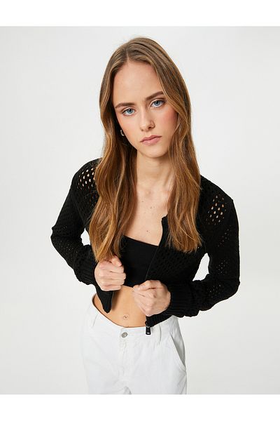 Koton Crop Knitwear Cardigan Openwork Zippered Cotton Blended
